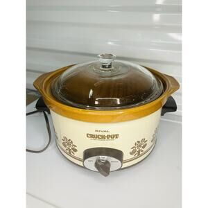 Vtg Rival Crock-Pot Slow Cooker 4 Quart Brown Cream Floral Bird Retro Kitchen